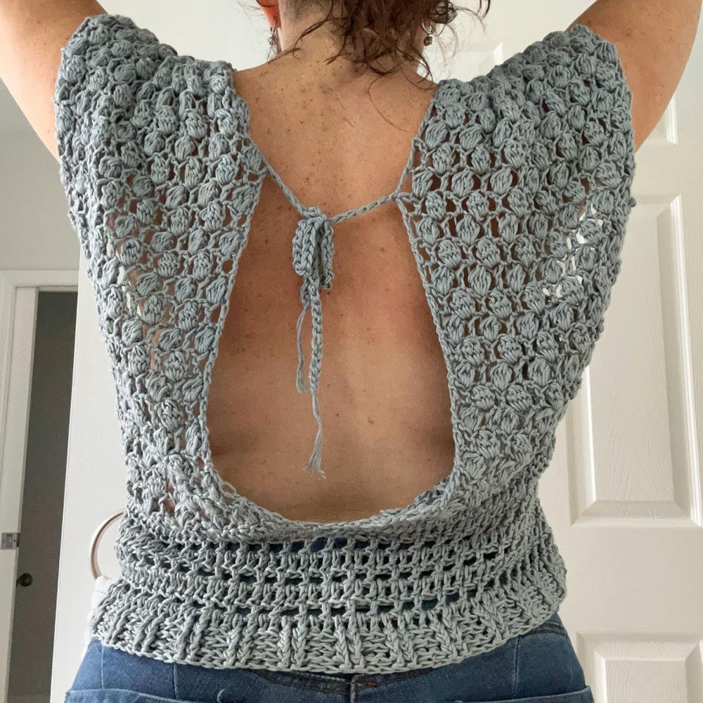 Open Back Crochet Top in Light Blue